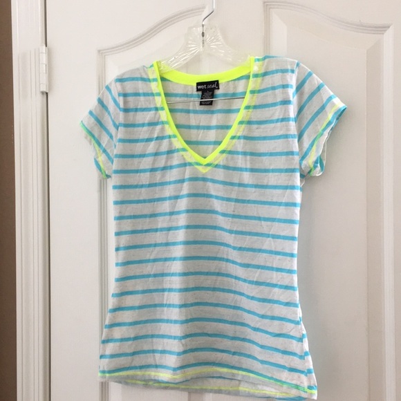 FINAL MARKDOWN Wet Seal Blue and Yellow Striped Short Sleeve Tee Junior large - Picture 1 of 5